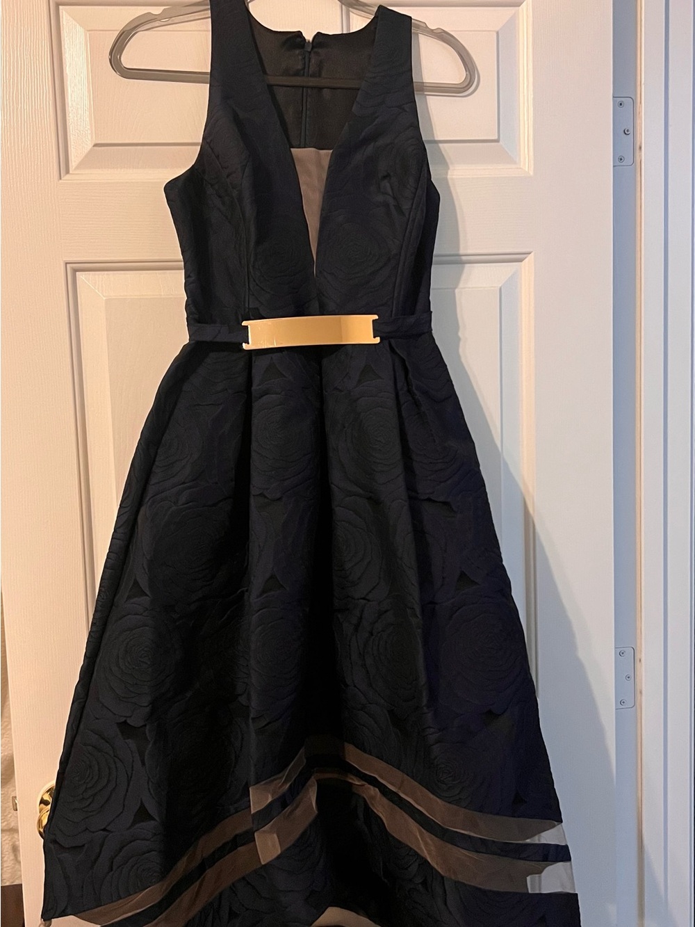 Black Floral Midi Dress with Gold Accent Belt